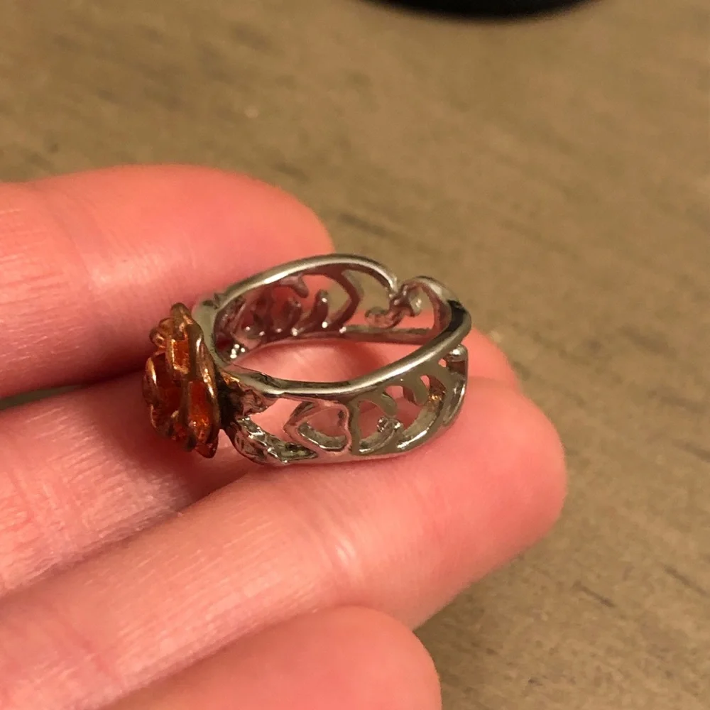 Vintage Silver Tone and Red-Orange Rose Ring